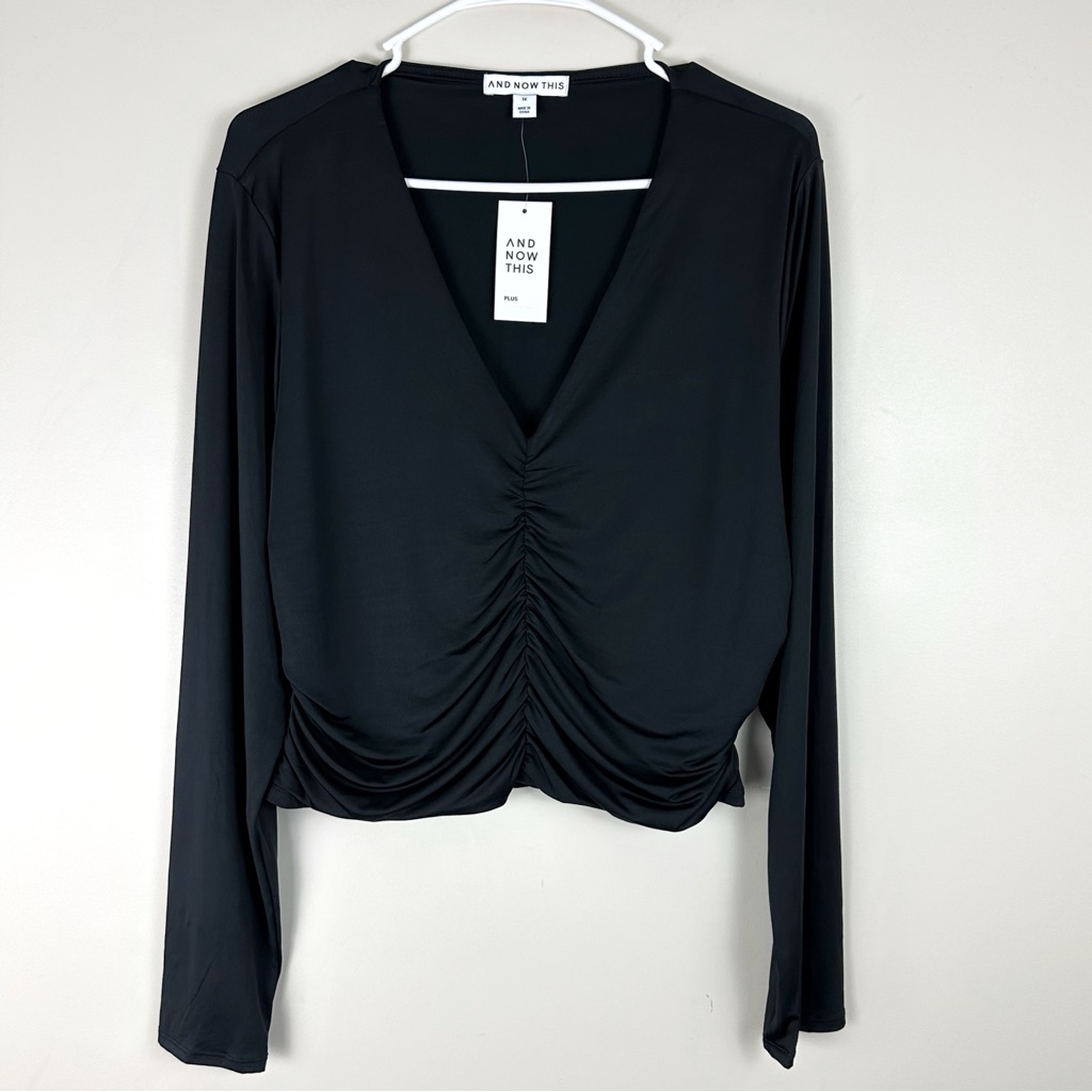 And Now This Crop Top Plus 1x Long Sleeve V-Neck Ruched Black